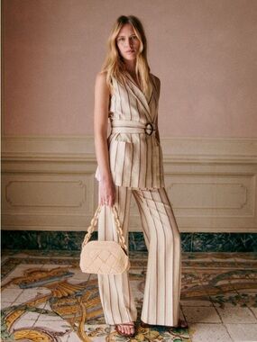 Sezane Antonina Jacket Stripes Beige Pink Brown Size 42